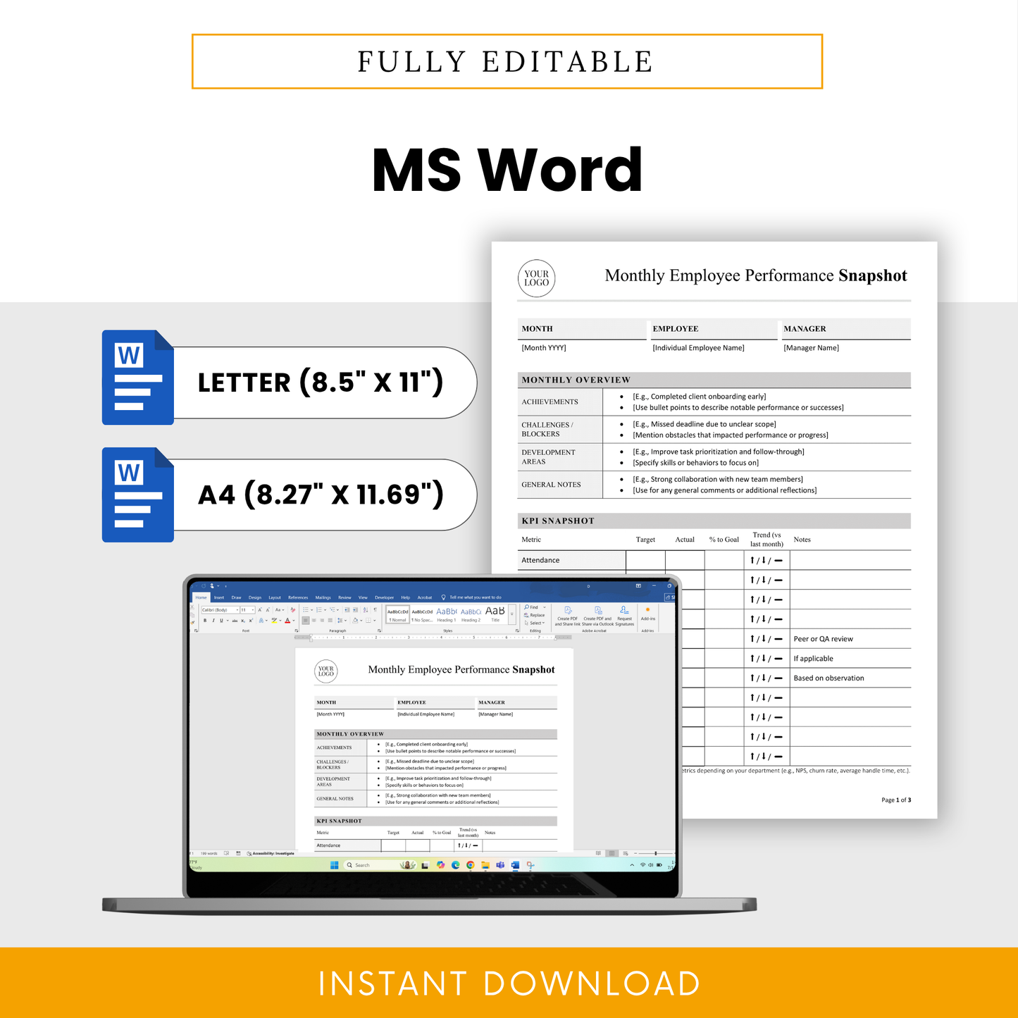 Fully editable employee performance review template in Microsoft Word format with letter and A4 sizes for HR documentation and team evaluations