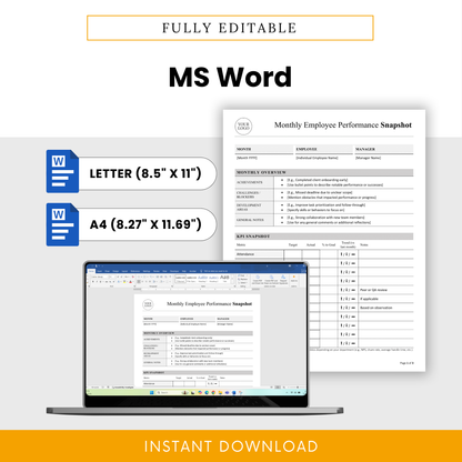 Fully editable employee performance review template in Microsoft Word format with letter and A4 sizes for HR documentation and team evaluations