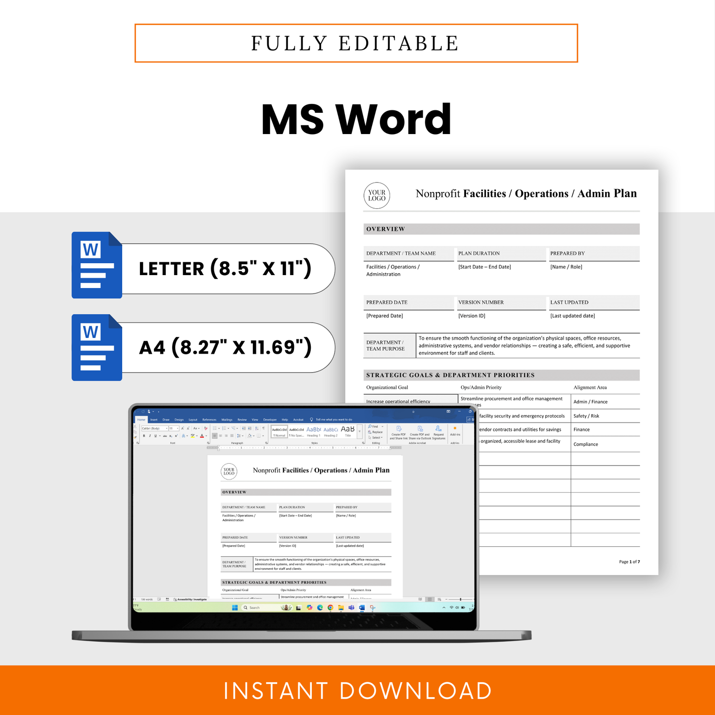 Editable nonprofit operations plan template in Microsoft Word format with letter and A4 sizes, customizable layout, and professional document design