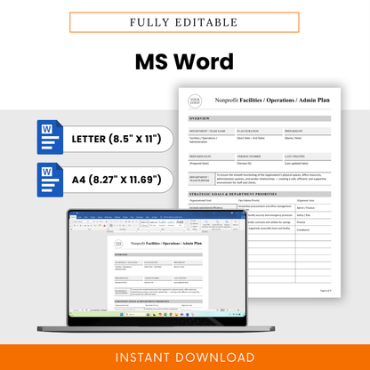 Editable nonprofit operations plan template in Microsoft Word format with letter and A4 sizes, customizable layout, and professional document design