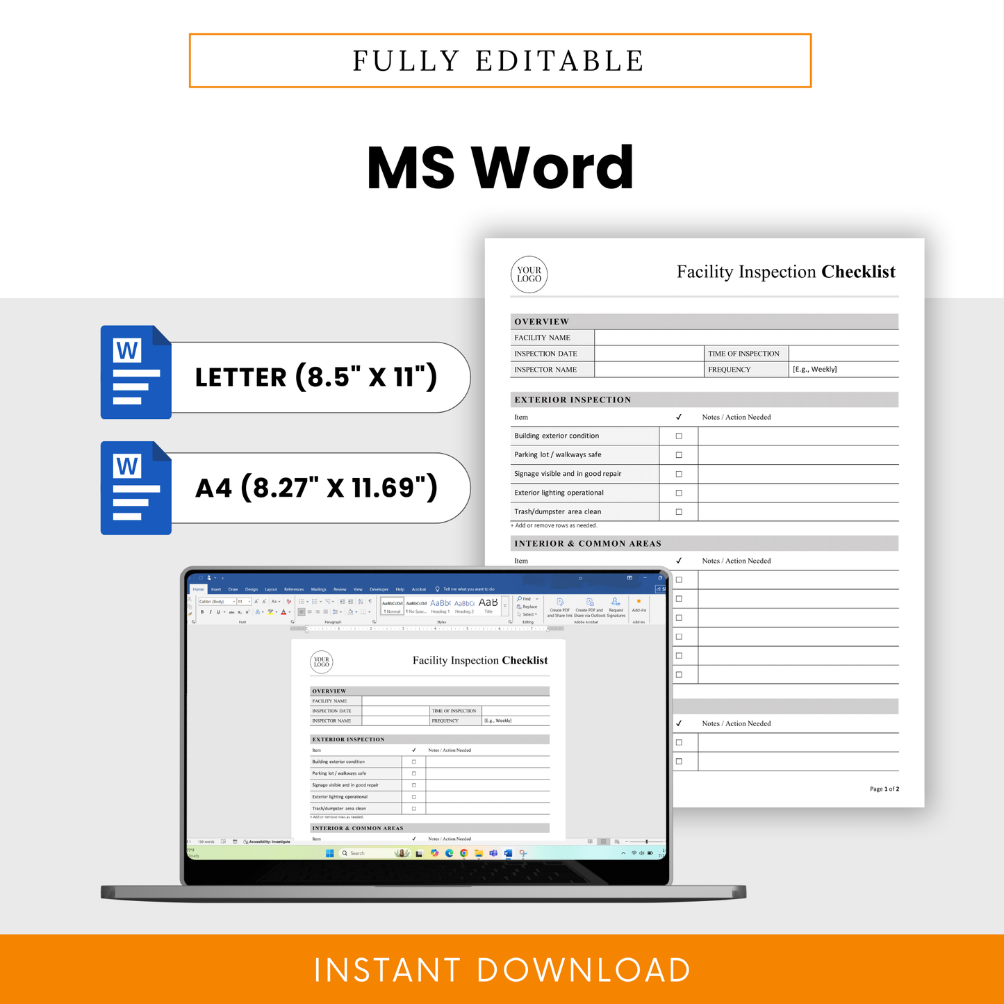 Editable facility inspection checklist template in Microsoft Word format with US Letter and A4 sizes, customizable layout for maintenance teams, safety managers, and facility inspections
