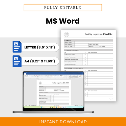 Editable facility inspection checklist template in Microsoft Word format with US Letter and A4 sizes, customizable layout for maintenance teams, safety managers, and facility inspections