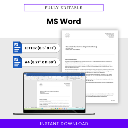 Editable nonprofit board member welcome letter template in Microsoft Word format available in US Letter and A4 sizes, designed for easy customization, nonprofit branding, and professional board onboarding communication