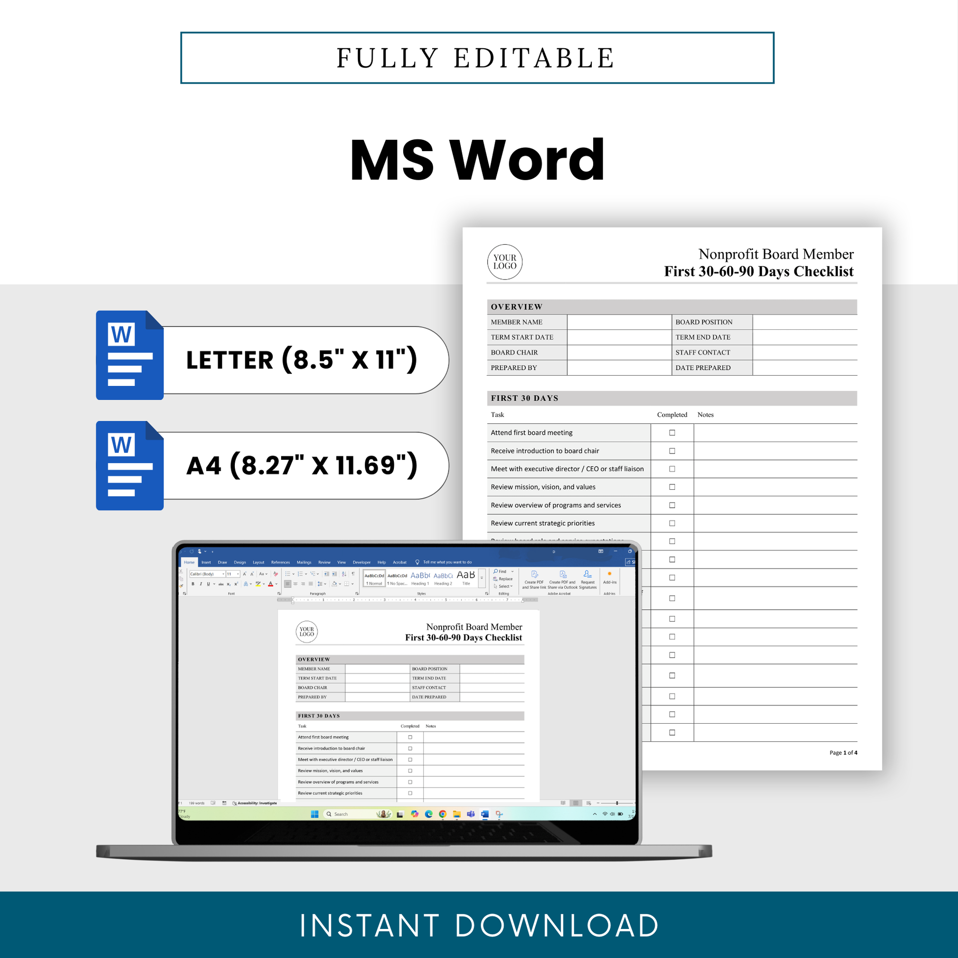 Editable MS Word nonprofit board member first 30-60-90 days checklist template shown on a laptop screen with Letter and A4 size options, ideal for customizing nonprofit board onboarding, orientation, and governance tracking documents