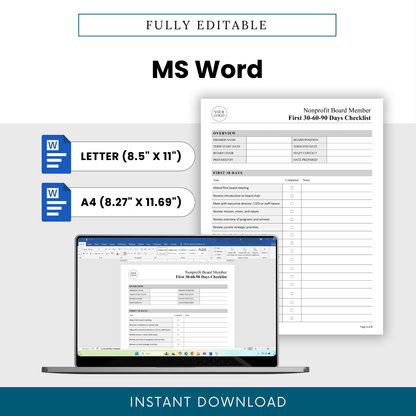 Editable MS Word nonprofit board member first 30-60-90 days checklist template shown on a laptop screen with Letter and A4 size options, ideal for customizing nonprofit board onboarding, orientation, and governance tracking documents