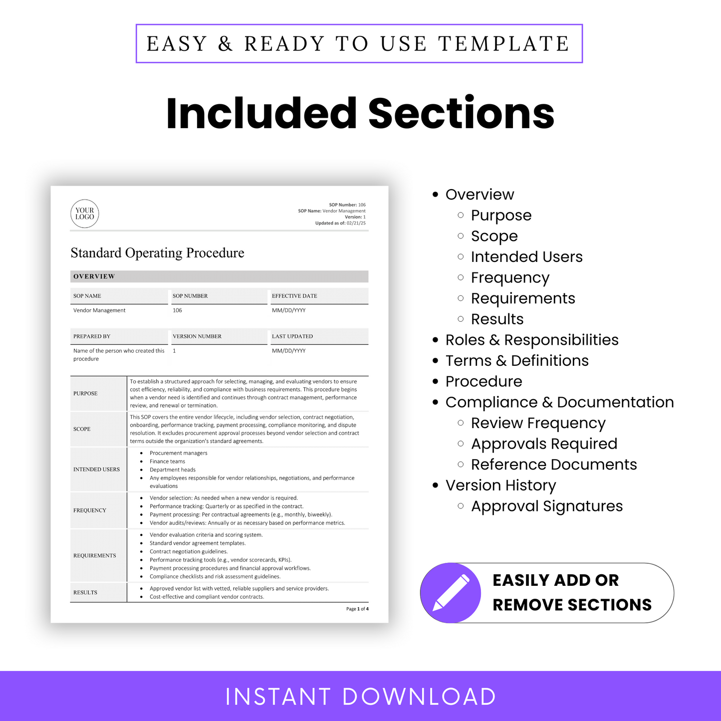 Image showing the SOP document with a bulleted list detailing all included sections such as Purpose, Frequency, and Approvals, highlighting the flexibility to add or remove sections.