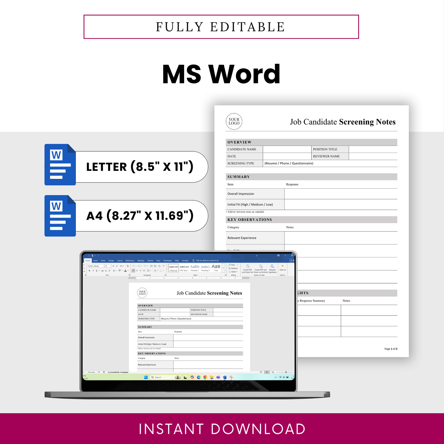 Fully editable job candidate screening notes template displayed in Microsoft Word format with US Letter and A4 sizing, ideal for customizing hiring documents and adding company branding