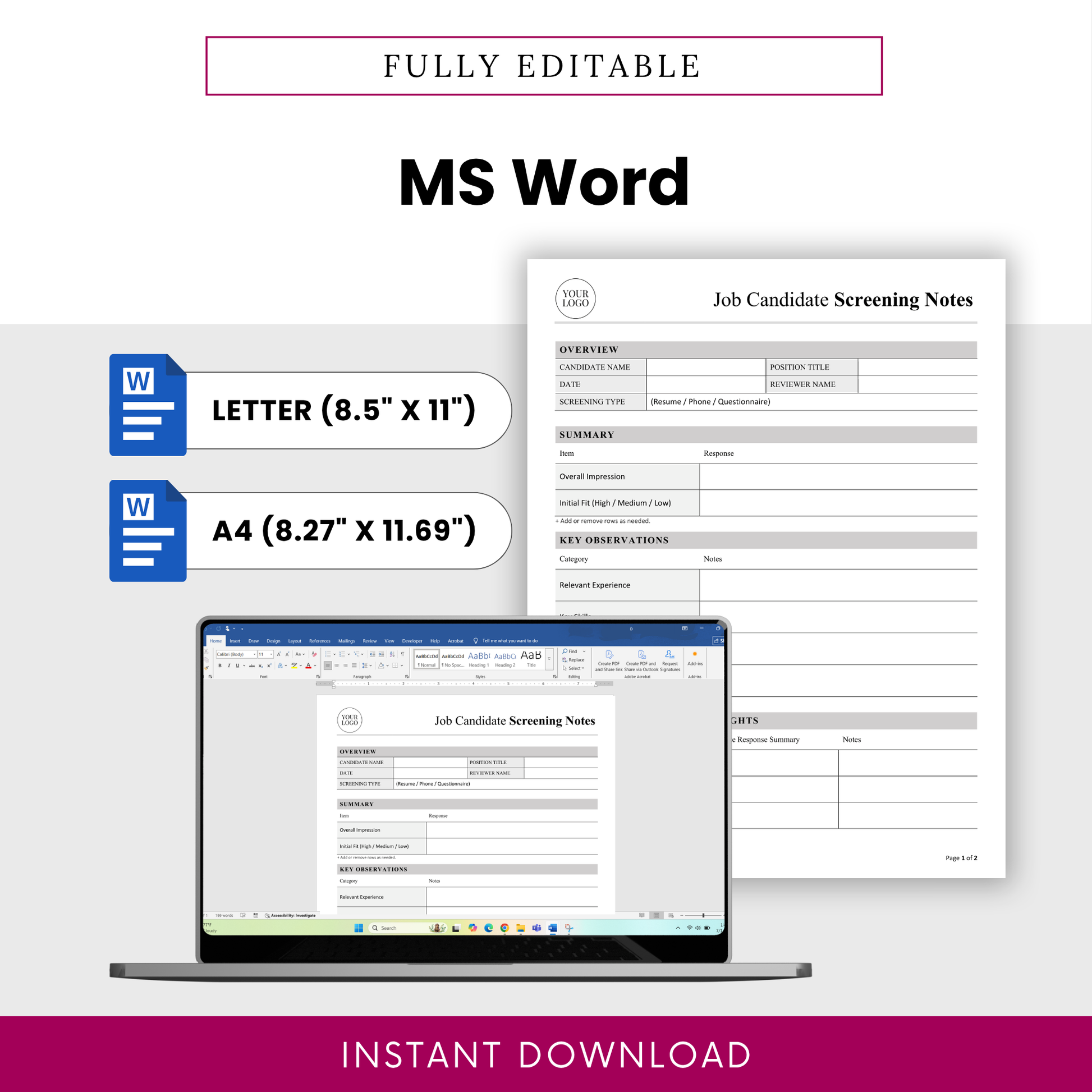 Fully editable job candidate screening notes template displayed in Microsoft Word format with US Letter and A4 sizing, ideal for customizing hiring documents and adding company branding