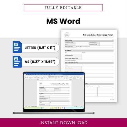 Fully editable job candidate screening notes template displayed in Microsoft Word format with US Letter and A4 sizing, ideal for customizing hiring documents and adding company branding