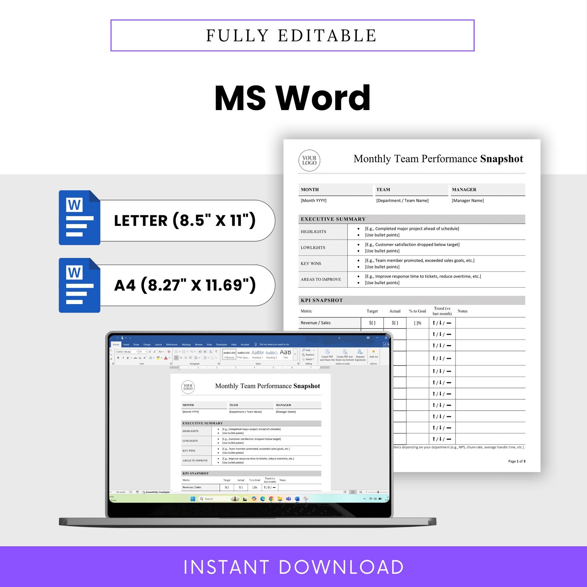 Editable monthly report template in Microsoft Word format with US Letter and A4 sizes, customizable business document, professional team reporting layout