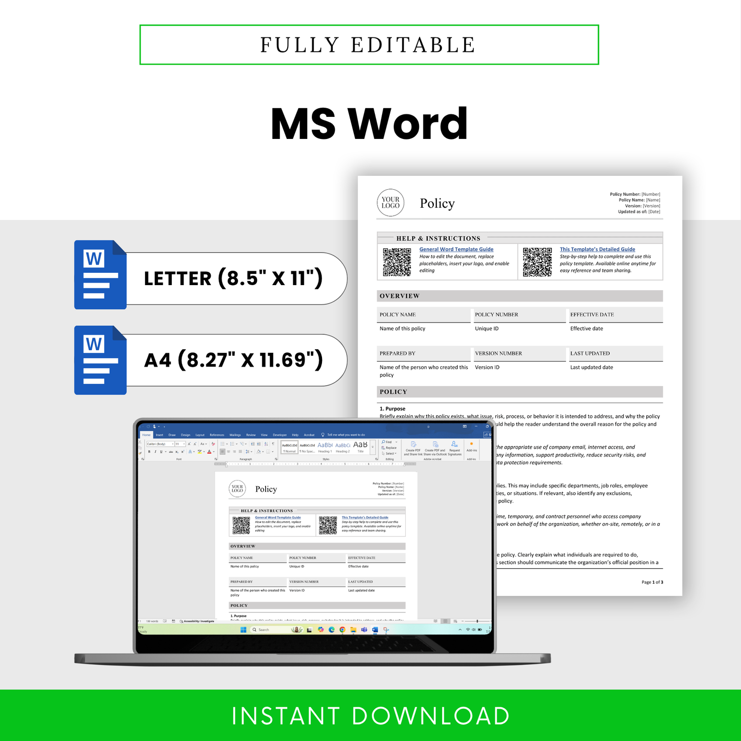 Editable MS Word simple policy template in US Letter and A4 sizes, shown on laptop screen with professional business policy layout, customizable branding area, and ready-to-use company policy document for HR, operations, and compliance use