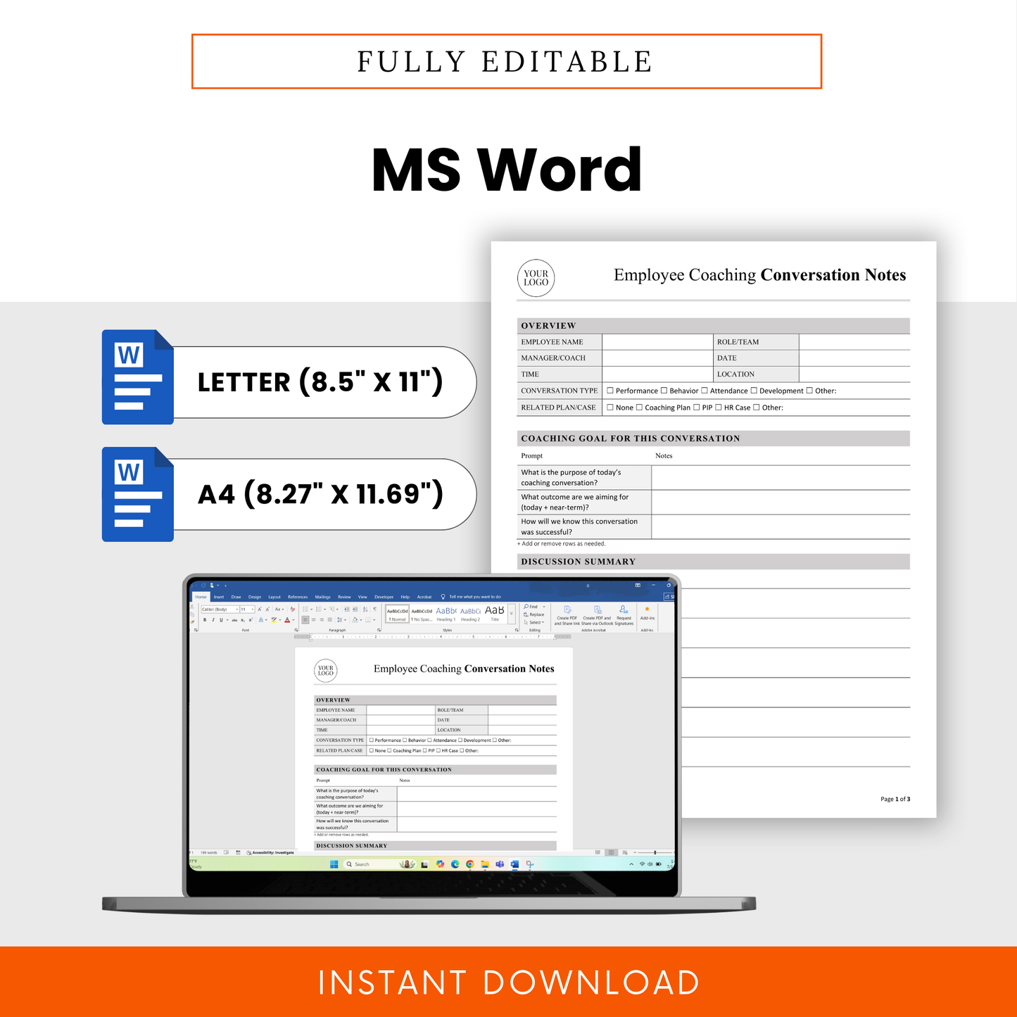 Editable employee coaching template in Microsoft Word format, HR performance review document, customizable branding, letter and A4 sizes, professional coaching notes template