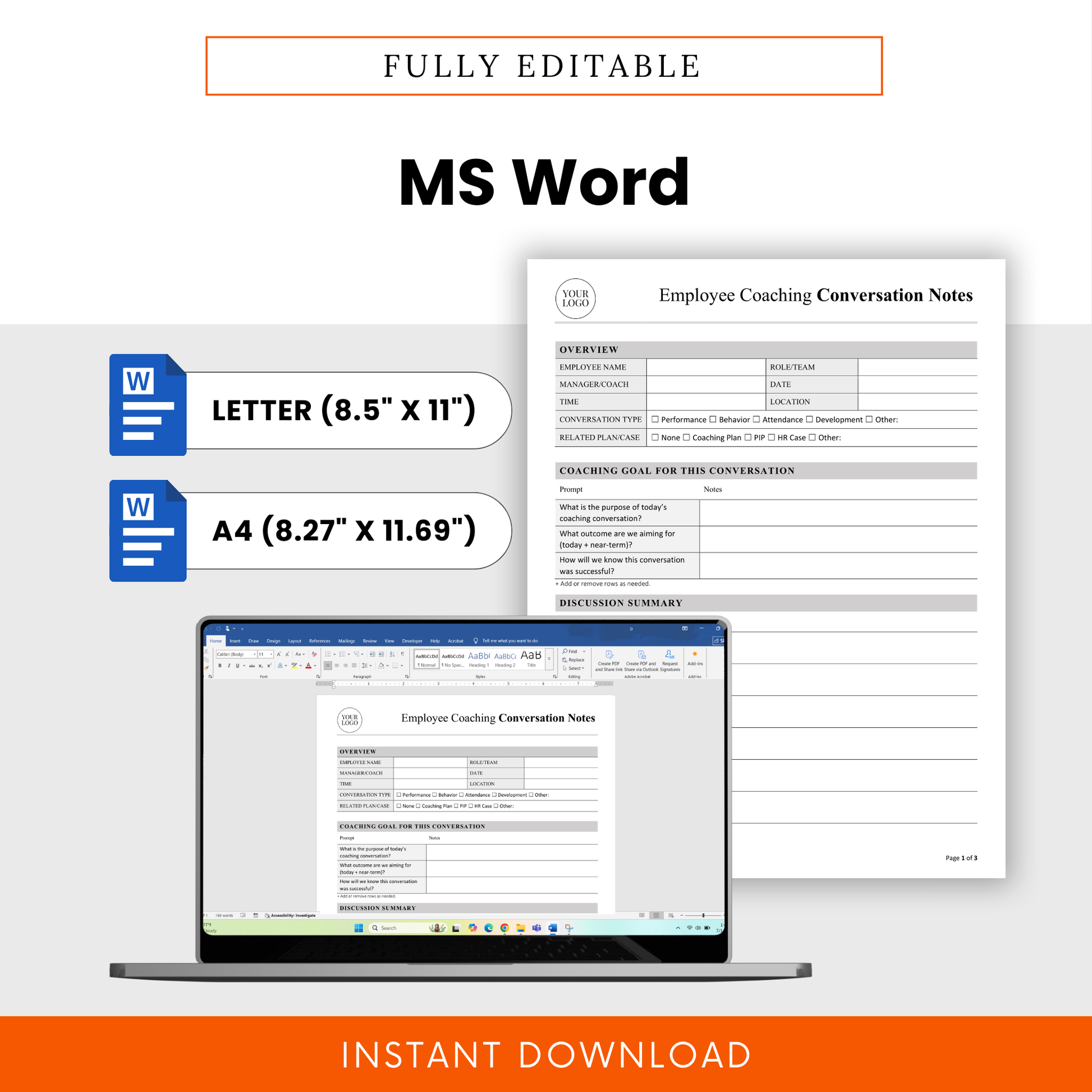 Editable employee coaching template in Microsoft Word format, HR performance review document, customizable branding, letter and A4 sizes, professional coaching notes template