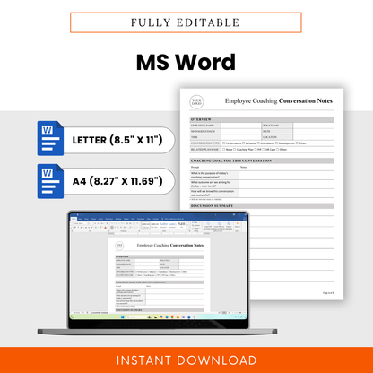 Editable employee coaching template in Microsoft Word format, HR performance review document, customizable branding, letter and A4 sizes, professional coaching notes template