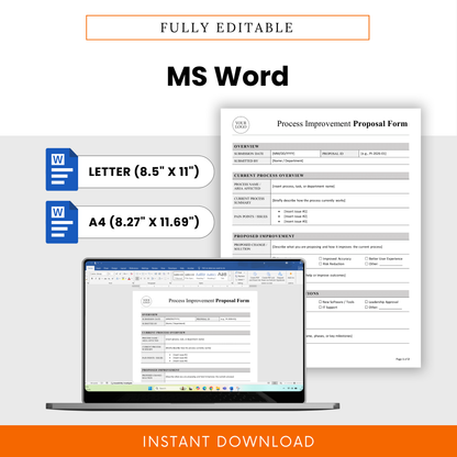 Fully editable MS Word process improvement template in US Letter and A4 sizes, professional business document for workflow optimization and proposal submissions