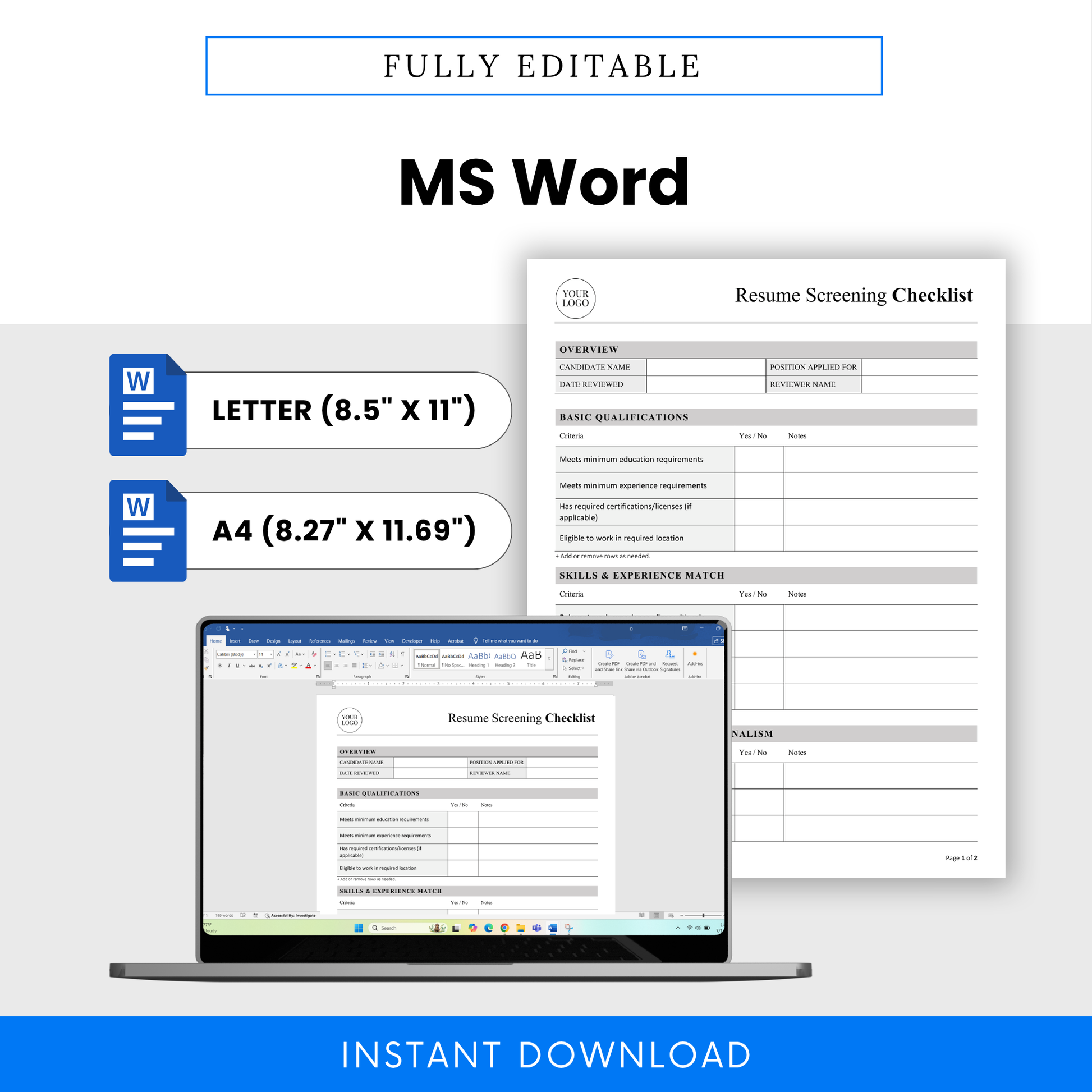 Editable resume screening checklist template in MS Word format with letter and A4 sizes for recruiters and HR professionals