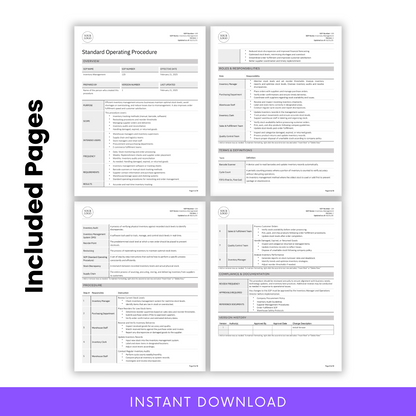Included Pages in SOP Template for Inventory Management – Pre-Drafted Standard Operating Procedure in Word and PDF format. This editable SOP template features essential sections such as an overview, roles and responsibilities, terms and definitions, step-by-step procedures, compliance documentation, and a version history log. Ideal for manufacturing, supply chain, and operations management. Easily customize to fit your business needs. Instant digital download for quick implementation.