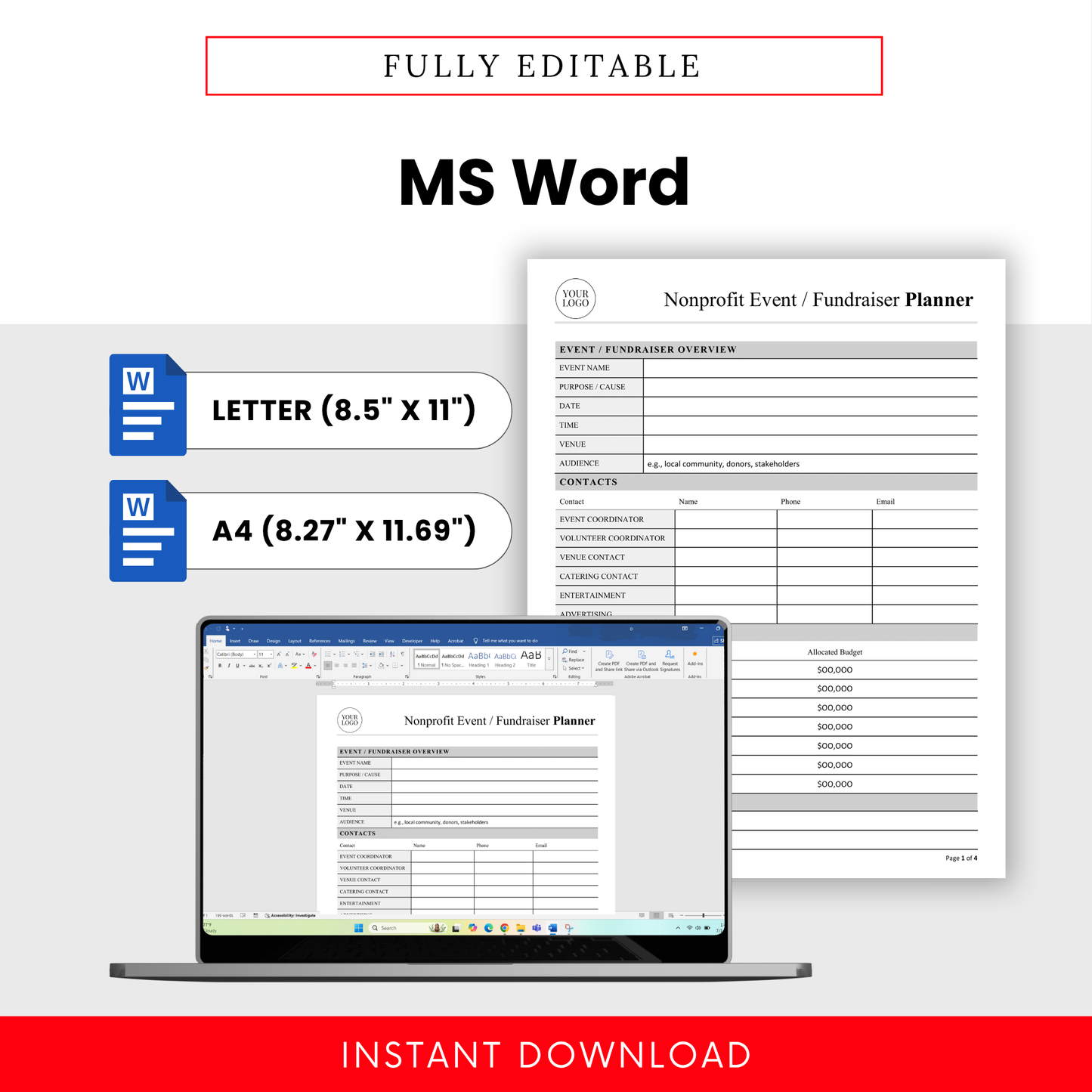 Nonprofit Event Planner Template Word file displayed on a laptop, showing easy customization in Microsoft Word. This editable fundraiser planner template is designed for nonprofits, event coordinators, and teams needing a flexible planning solution.