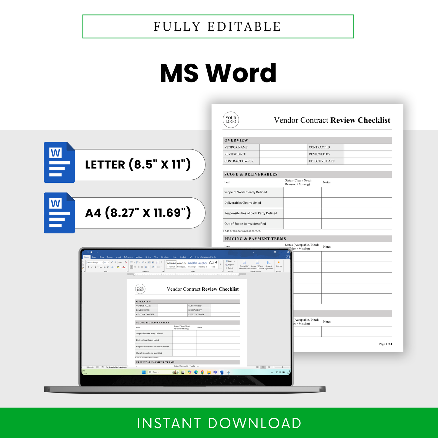 Vendor Contract Review Checklist Template Word displayed on screen, showcasing easy editing and customization features. This simple contract review template is ideal for small businesses and managers who need a fully editable and branded document.