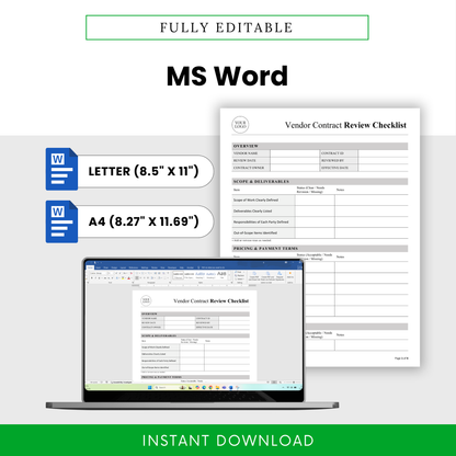 Vendor Contract Review Checklist Template Word displayed on screen, showcasing easy editing and customization features. This simple contract review template is ideal for small businesses and managers who need a fully editable and branded document.