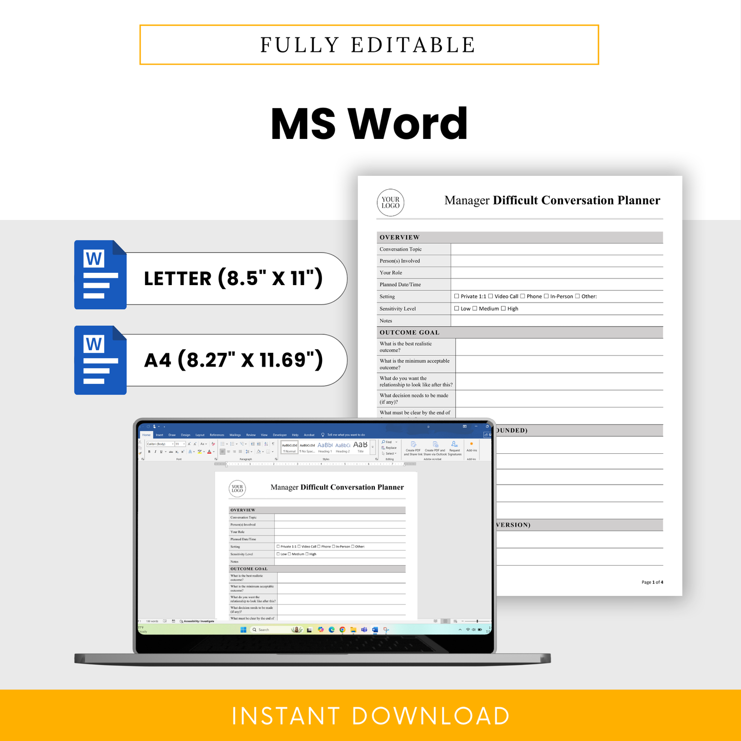 Editable manager difficult conversation planner template in Microsoft Word format with US Letter and A4 sizes, customizable layout for HR managers and team leaders