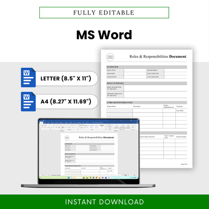 Fully editable roles and responsibilities template in Microsoft Word format with US Letter and A4 sizes for easy customization and professional use