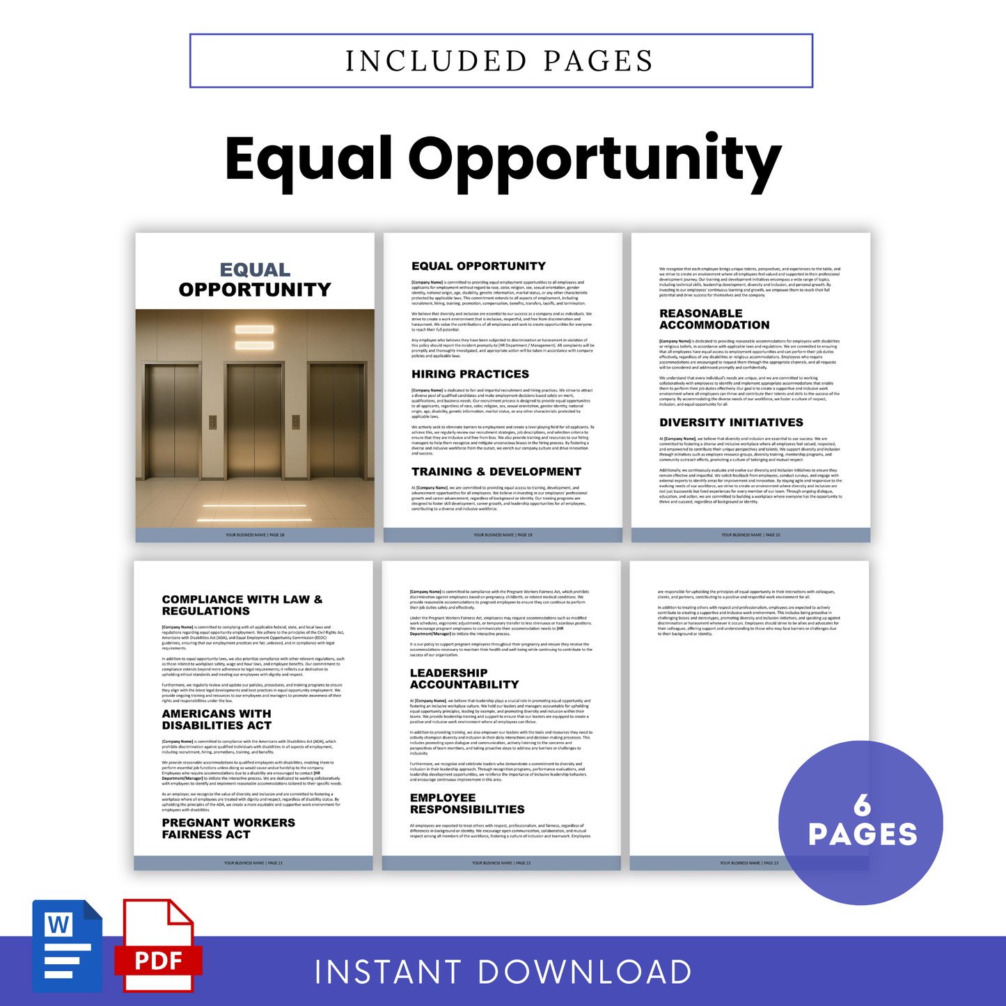 Comprehensive equal opportunity and diversity policy pages outlining fair hiring practices, inclusion initiatives, and compliance standards