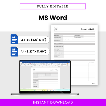 Editable interview template in Microsoft Word format with letter and A4 sizes, customizable hiring document for recruiters and HR professionals