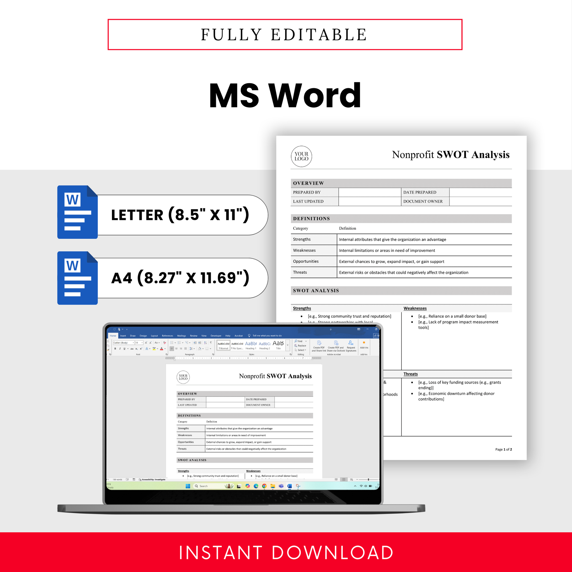 Editable nonprofit SWOT analysis template in Microsoft Word format with US Letter and A4 sizes, customizable layout, and easy content editing for nonprofit teams
