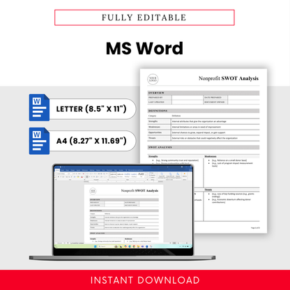 Editable nonprofit SWOT analysis template in Microsoft Word format with US Letter and A4 sizes, customizable layout, and easy content editing for nonprofit teams