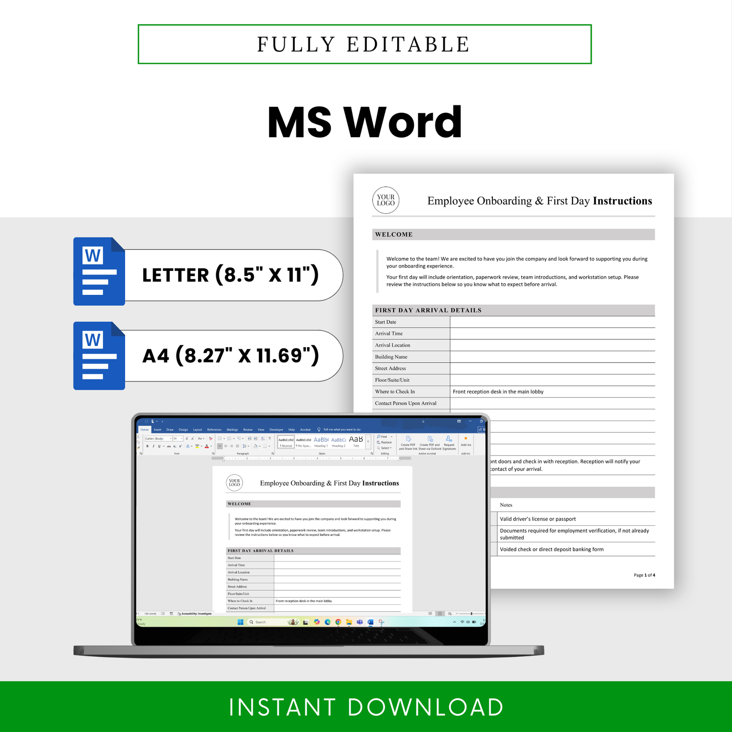 Editable employee onboarding template in Microsoft Word format with US Letter and A4 sizes, clean layout, and customizable HR document design
