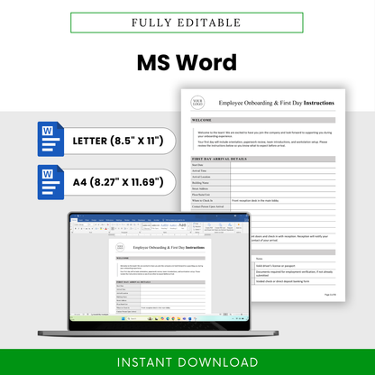 Editable employee onboarding template in Microsoft Word format with US Letter and A4 sizes, clean layout, and customizable HR document design