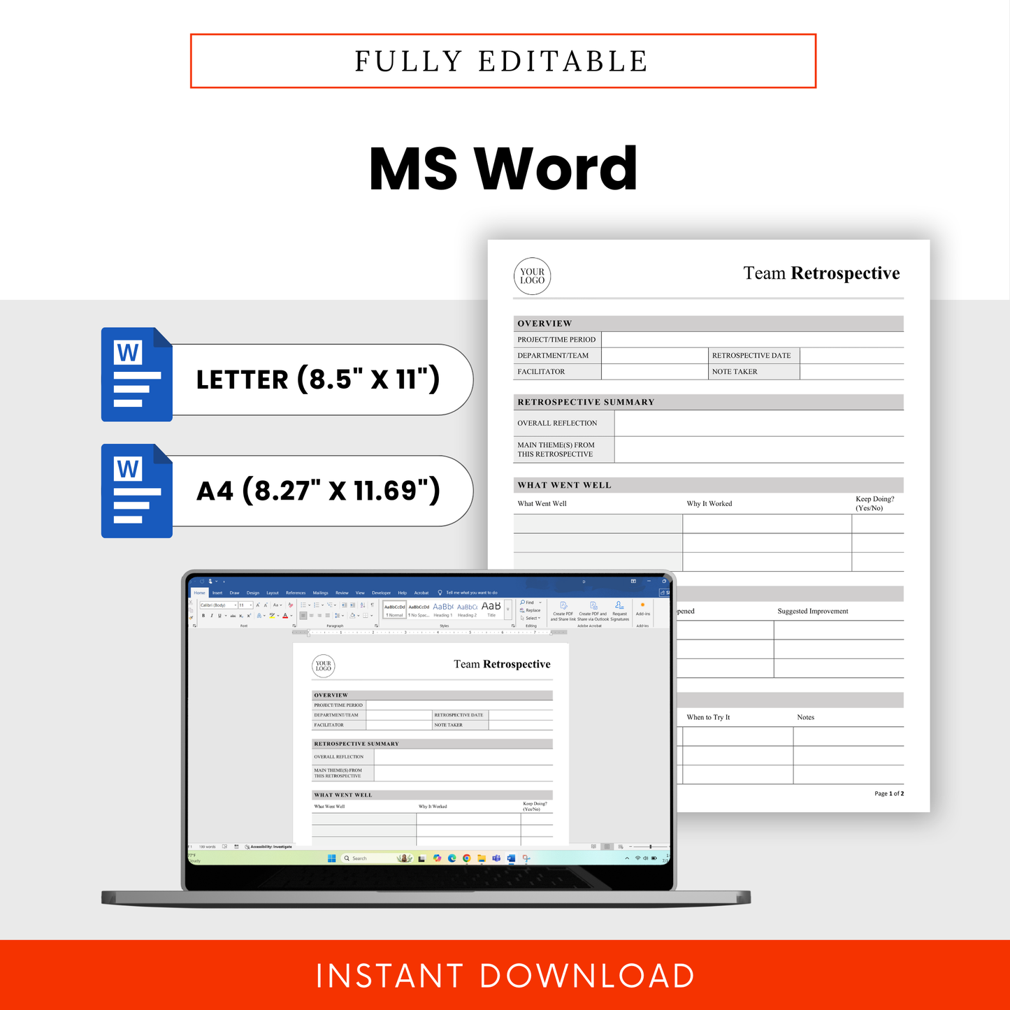 Fully Editable Team Retrospective Template In Microsoft Word Format With Letter And A4 Sizes, Customizable Business Document For Team Meetings And Project Reviews
