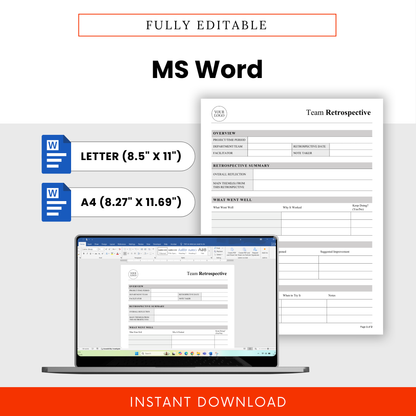 Fully Editable Team Retrospective Template In Microsoft Word Format With Letter And A4 Sizes, Customizable Business Document For Team Meetings And Project Reviews