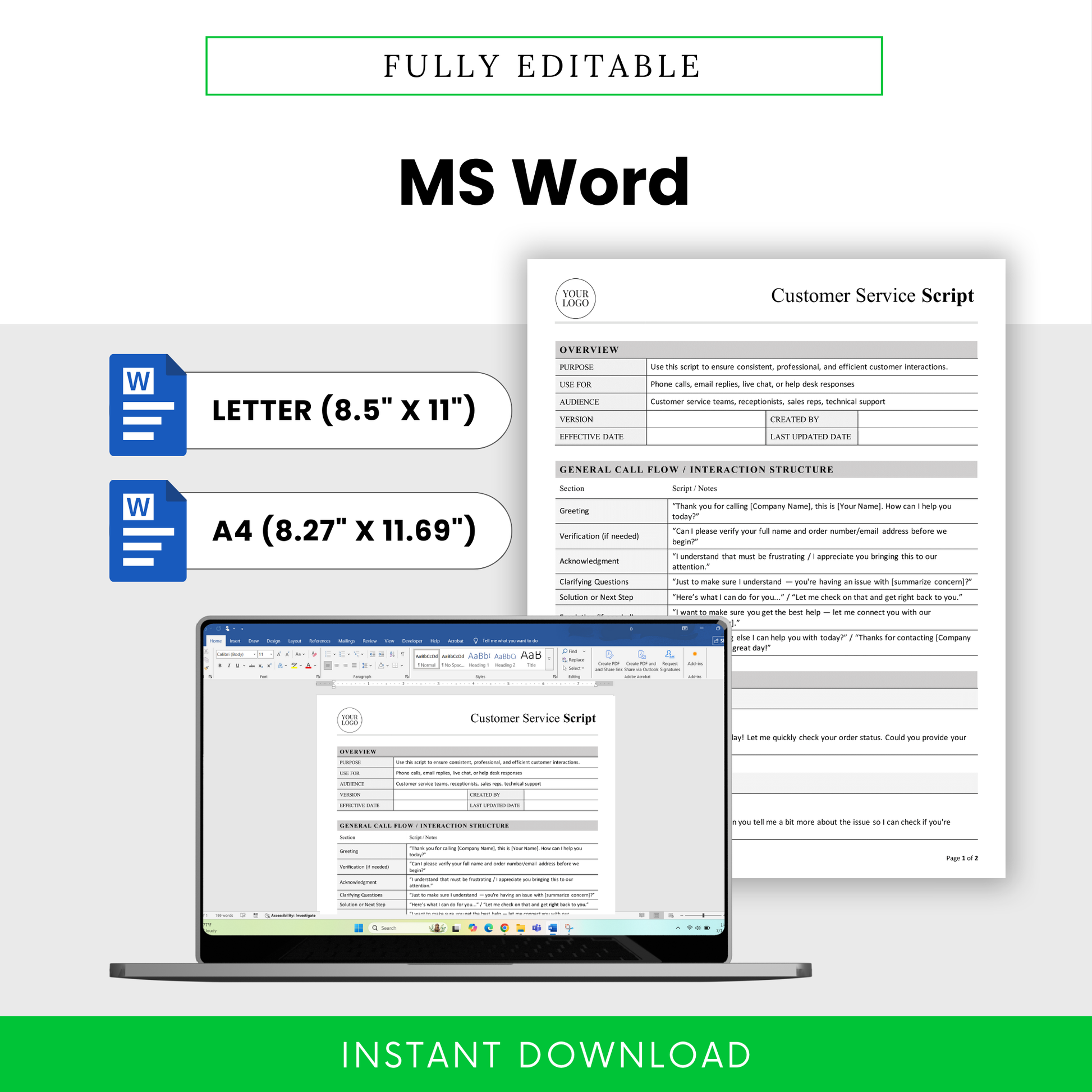 Fully editable customer service script template in Microsoft Word format with letter and A4 sizes, ideal for customizing support scripts and internal documentation