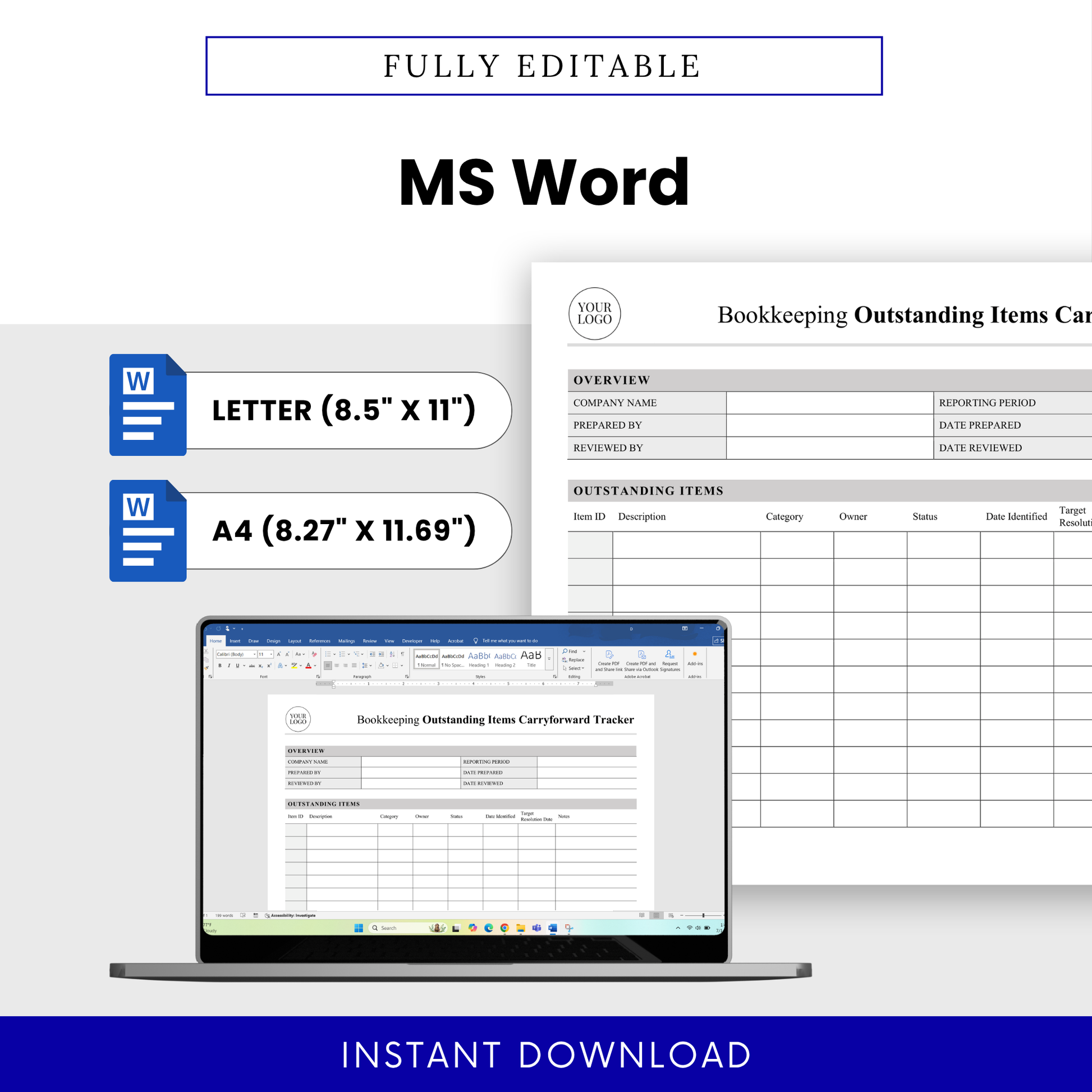 Fully editable bookkeeping tracker template in Microsoft Word format with letter and A4 sizes, customizable layout, and professional accounting document design