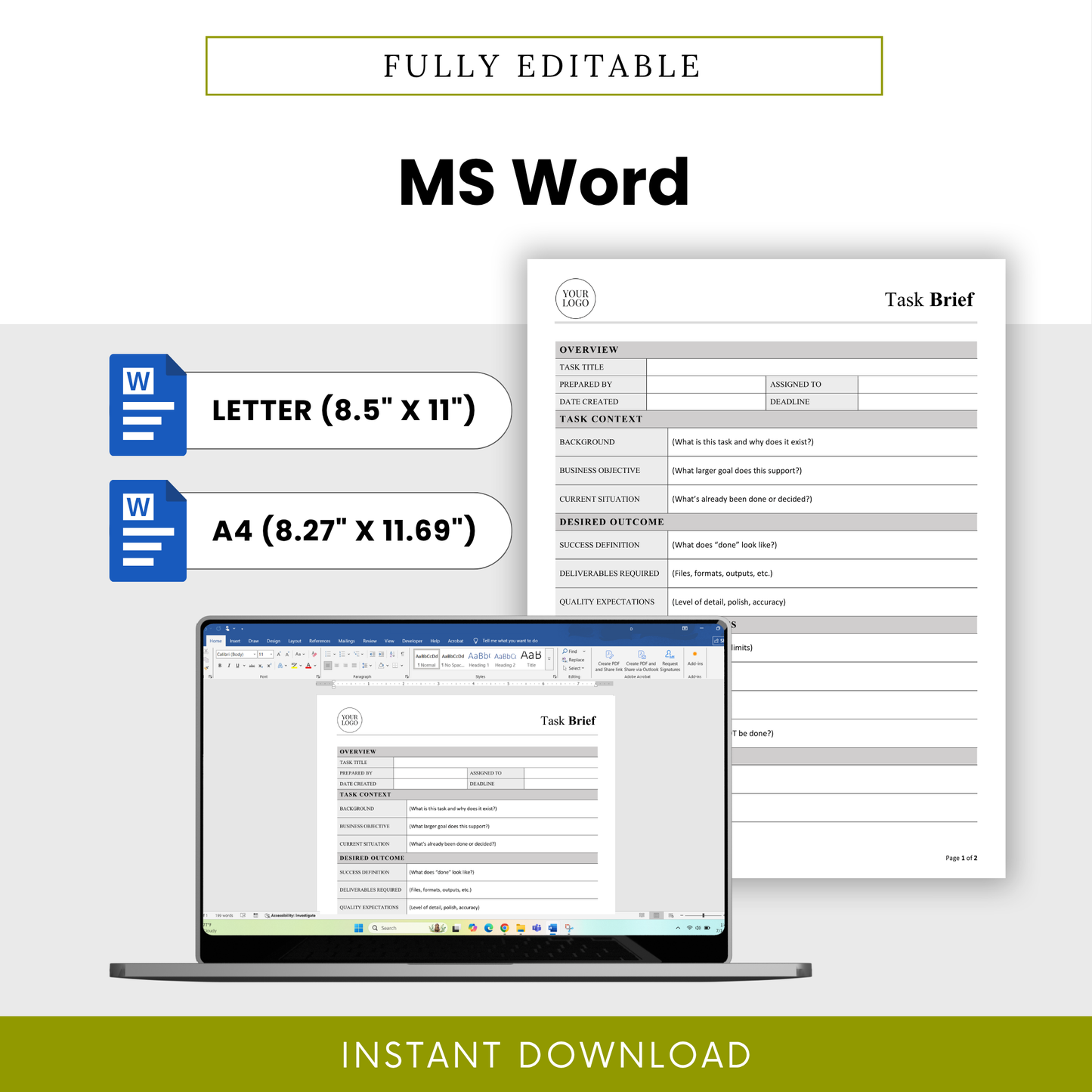 Editable task brief template shown in Microsoft Word format with laptop preview, customizable business document in US Letter and A4 sizes