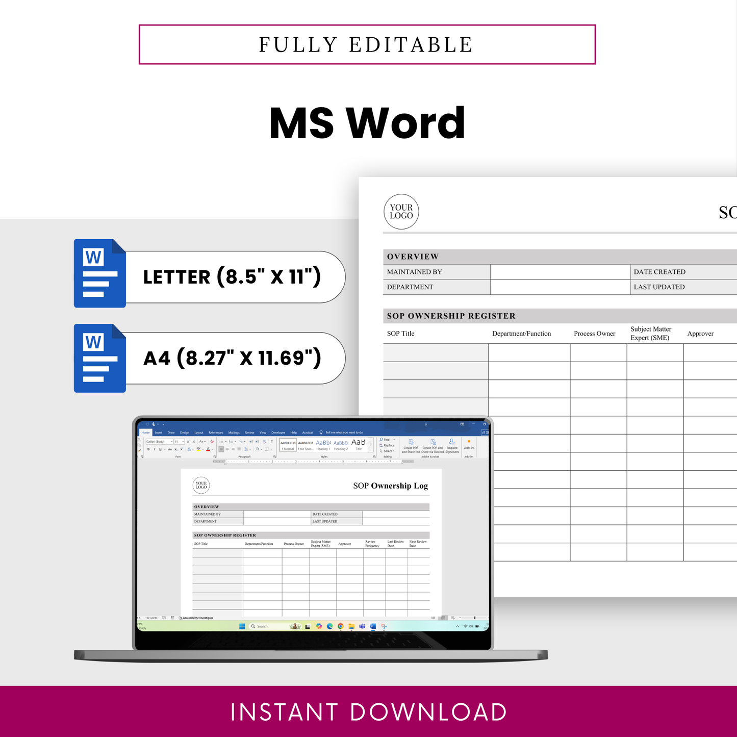 Editable SOP ownership log template in Microsoft Word format with US letter and A4 sizes, customizable layout, and professional business documentation design