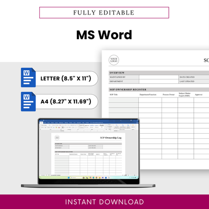 Editable SOP ownership log template in Microsoft Word format with US letter and A4 sizes, customizable layout, and professional business documentation design