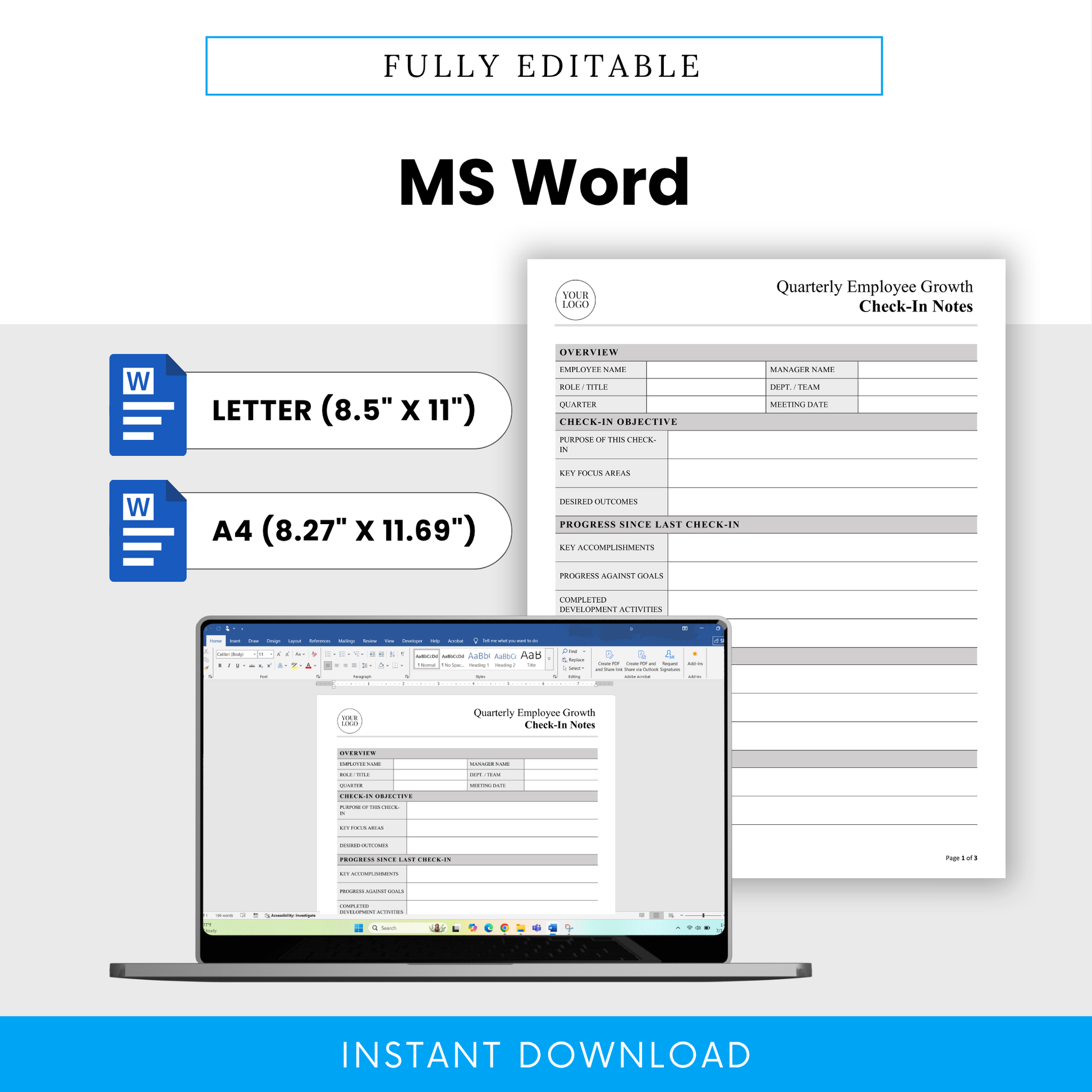 Editable Microsoft Word employee performance review template shown on desktop screen, featuring US Letter and A4 sizes for easy customization, professional HR documentation, and team management use.