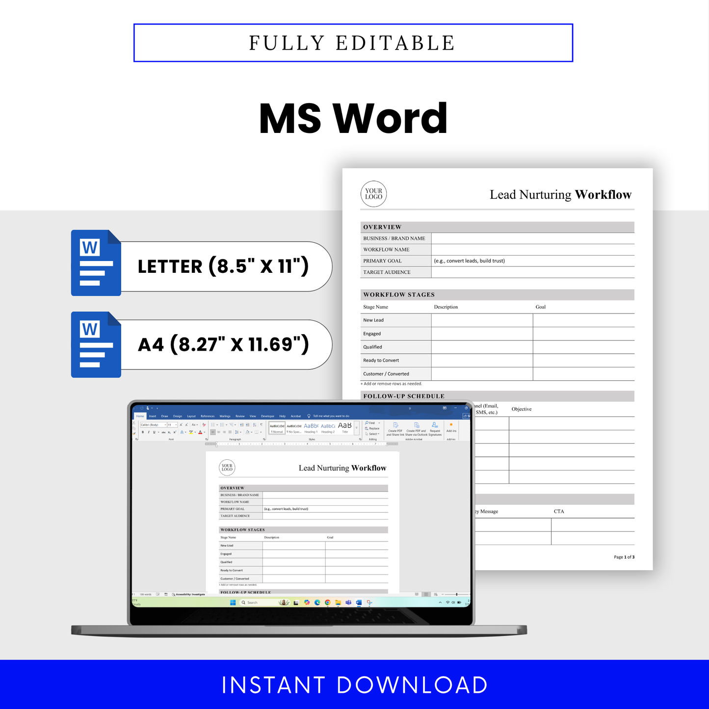 Editable Lead Nurturing Workflow Template Word displayed on screen, showing how easily users can customize and adapt the template. Perfect for small business owners and marketing professionals needing a flexible and printable business template.
