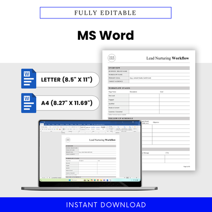Editable Lead Nurturing Workflow Template Word displayed on screen, showing how easily users can customize and adapt the template. Perfect for small business owners and marketing professionals needing a flexible and printable business template.