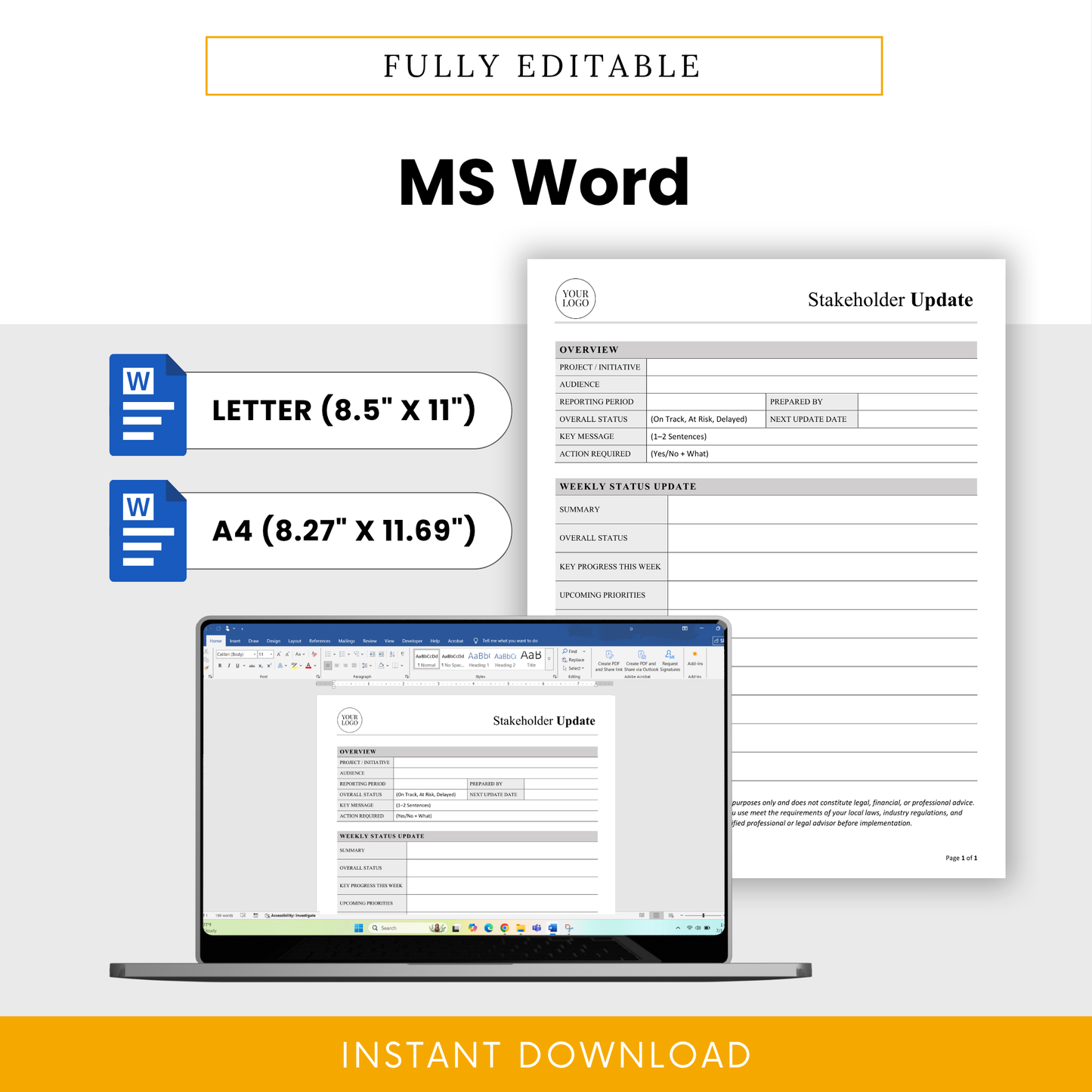 Editable stakeholder update template in Microsoft Word with US Letter and A4 sizes, customizable business report layout for project managers and teams