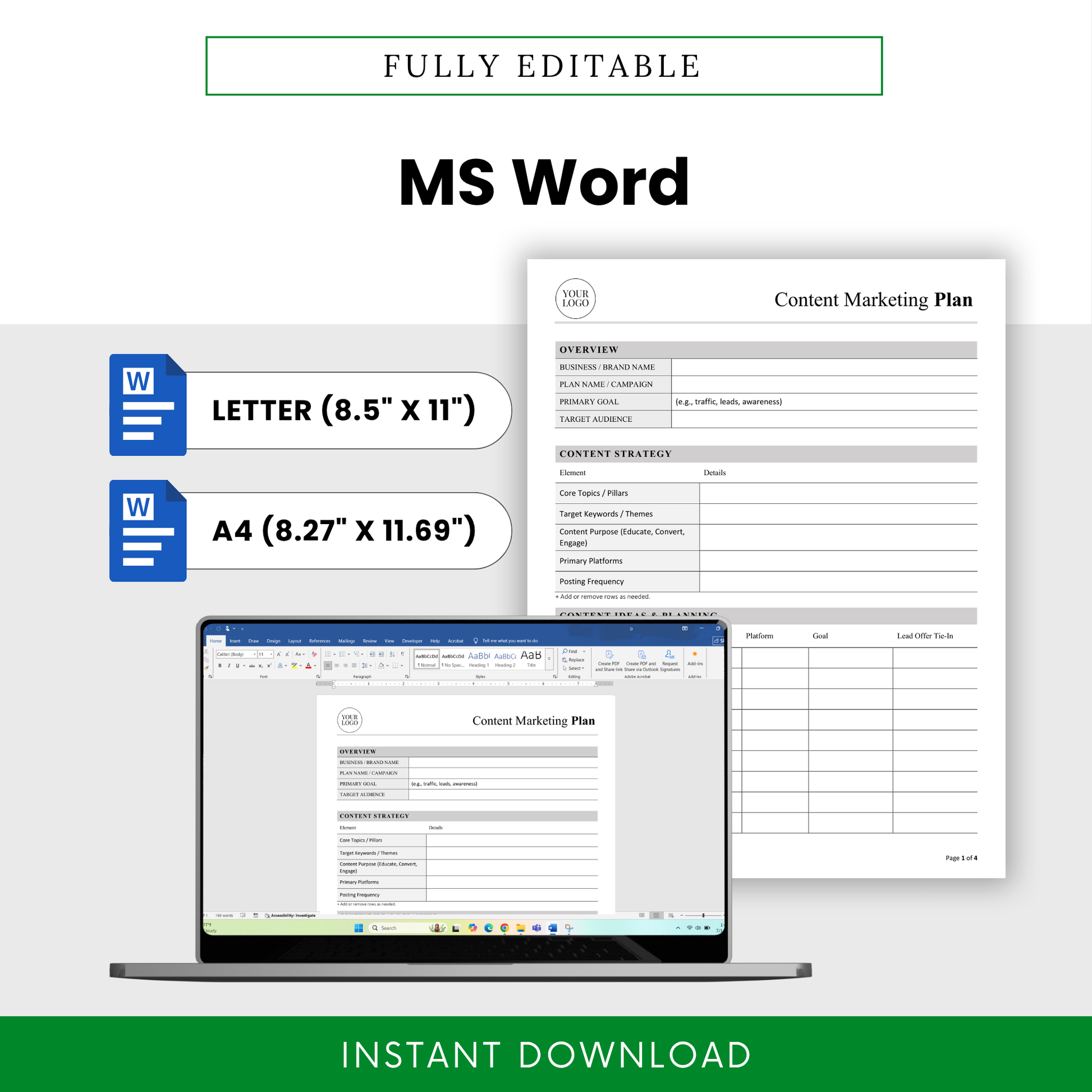 Content Marketing Plan Template Word displayed on a laptop with US Letter and A4 sizing options for easy customization. This editable Content Marketing Plan Template is ideal for business owners and marketers who want a flexible, professional planning document.