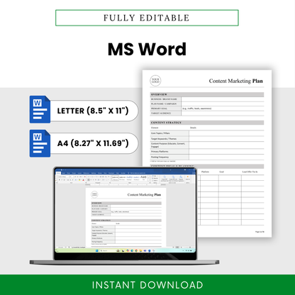 Content Marketing Plan Template Word displayed on a laptop with US Letter and A4 sizing options for easy customization. This editable Content Marketing Plan Template is ideal for business owners and marketers who want a flexible, professional planning document.