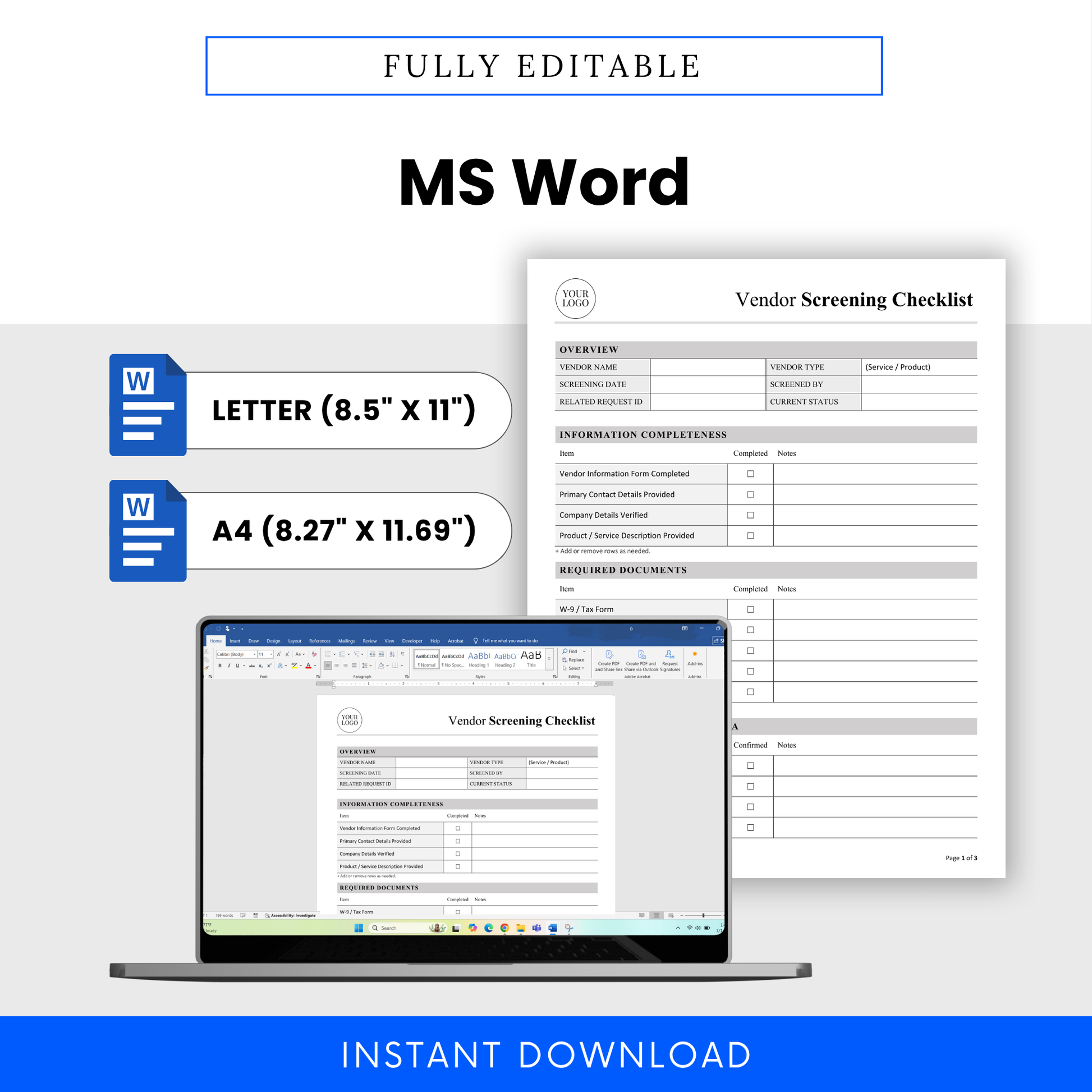 Vendor Screening Checklist Template Word displayed on a laptop, emphasizing full editability and customization. This simple business template allows users to easily add branding, update vendor details, and adapt the checklist for any workflow.
