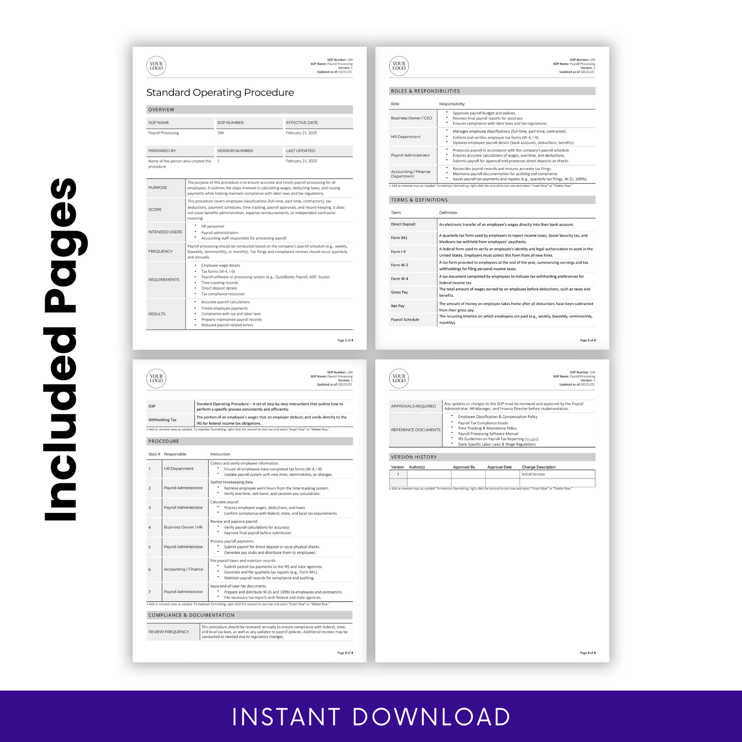 Payroll Processing SOP Template (Word & PDF) – Simple Standard Operating Procedure Template