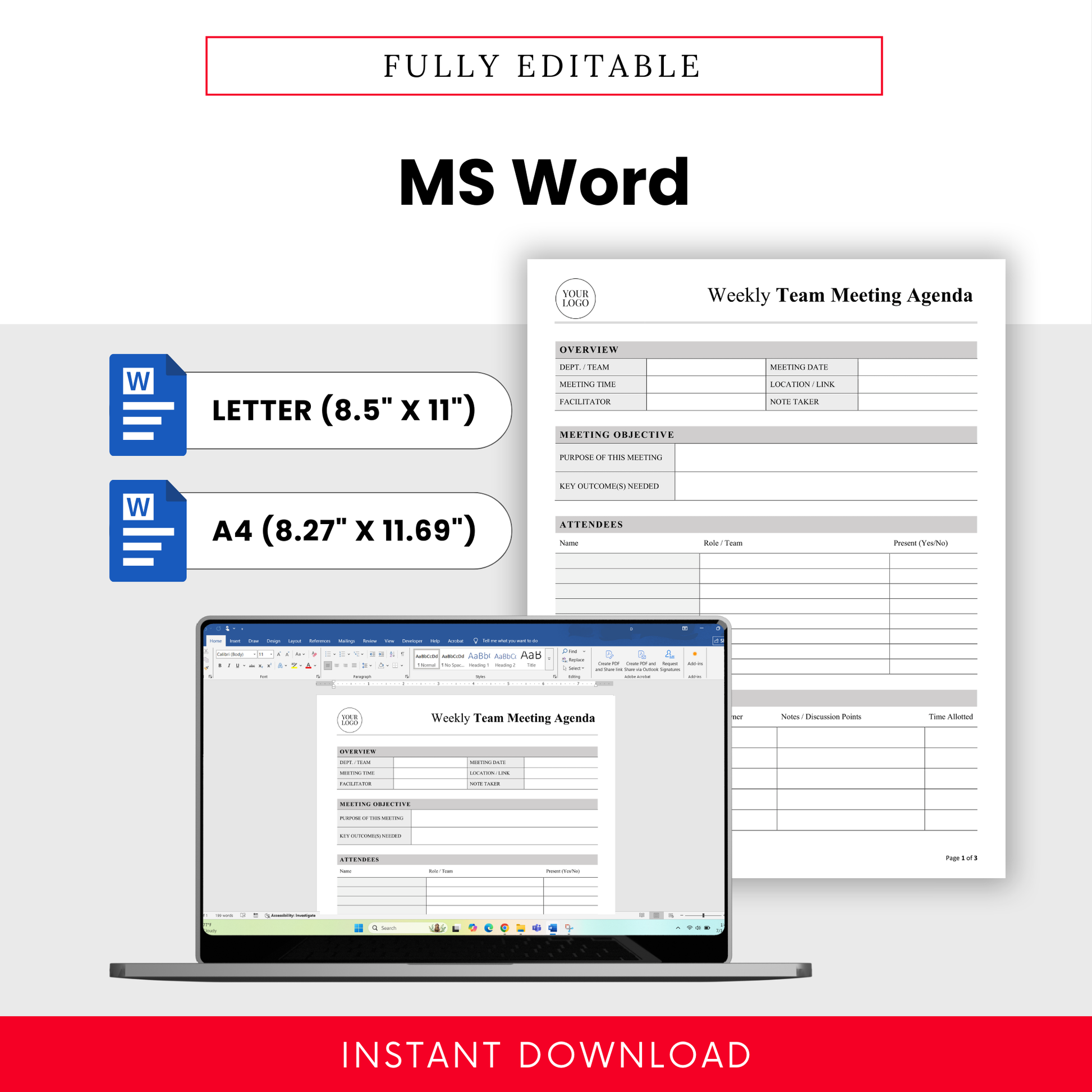 Editable weekly team meeting agenda template shown in Microsoft Word format with customizable layout, available in both US Letter and A4 sizes