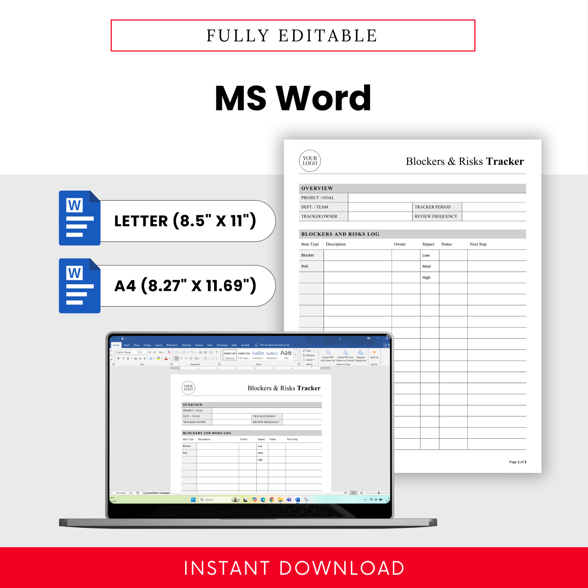 Fully editable blockers and risks tracker template in Microsoft Word format with US Letter and A4 sizes, clean layout for easy customization, team reporting, and project tracking