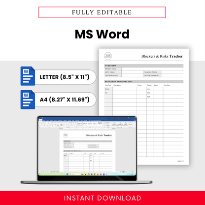 Fully editable blockers and risks tracker template in Microsoft Word format with US Letter and A4 sizes, clean layout for easy customization, team reporting, and project tracking
